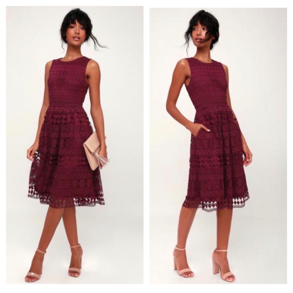 Women's Sleeveless Lace Fit & Flare Dress - Burgundy